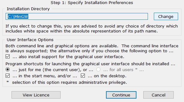 MinGW Installer Path and Option